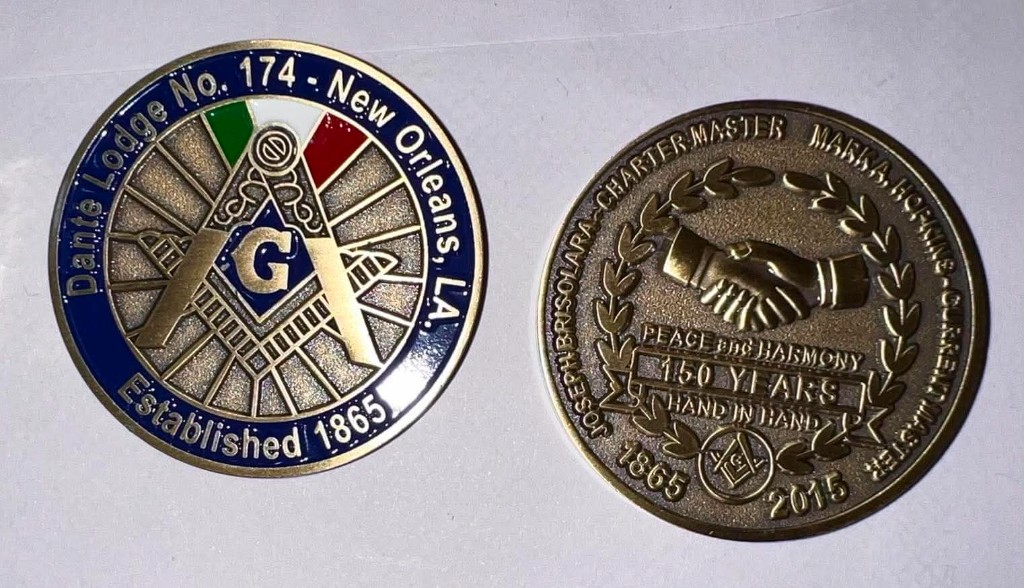 Dante Lodge No. 174 150th anniversary commemorative coin — Established 1865 obverse, and Peace and Harmony Hand in Hand reverse, 1865 to 2015