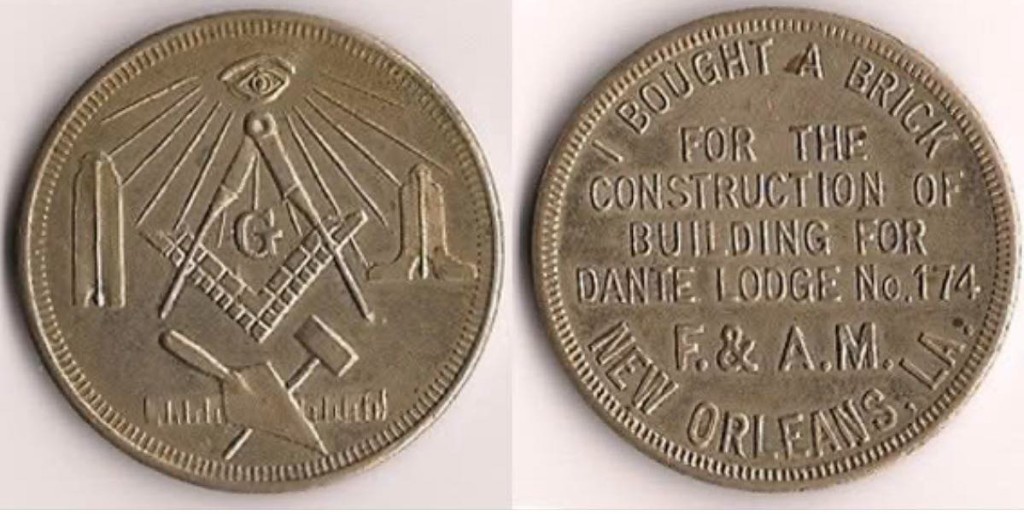 Dante Lodge #174 challenge coin — Masonic obverse and I Bought a Brick commemorative reverse
