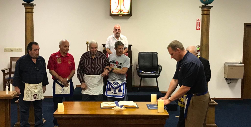 50-year certificate presentations to Worshipful Brothers Esponge and Mims with Brothers Grouchy and McGibbon