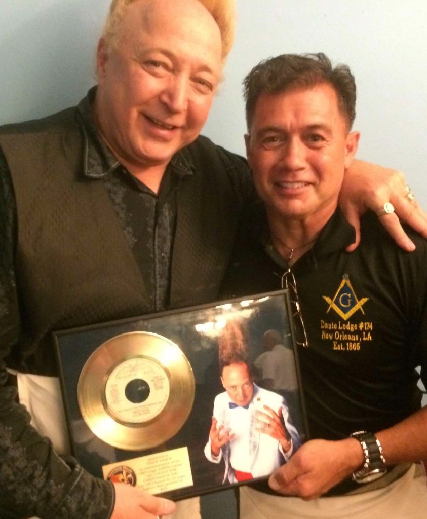 Brother Vince Vance presenting a gift to Worshipful Master Mark A. Hopkins